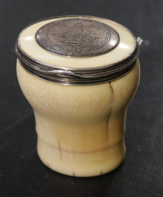A silver mounted ivory snuff mull, English, dated 1748